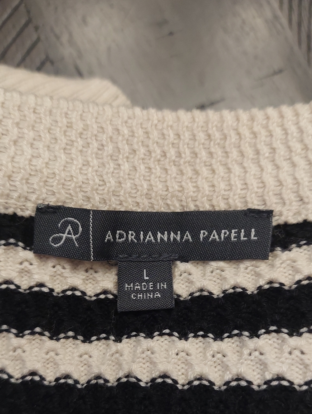ADRIANNA PAPELL Striped Knit Cardigan Sweater Cream Black Gold Button L Elegant - Picture 9 of 12